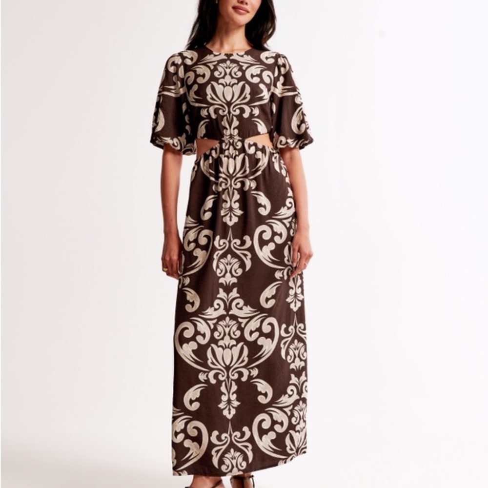 Abercrombie & Fitch Brown, Tan, & Cream Side Cutout Maxi Dress with Pockets XL